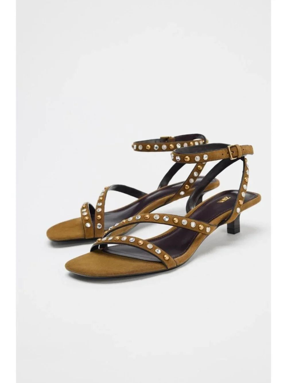 Zara Womens Suede Sandals EU 38 US 7.5 Olive Green Studded Heels 1346/610 NWOB